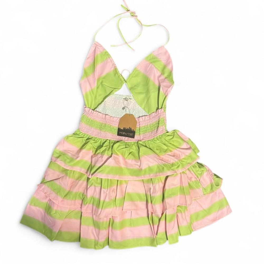 Tiered Halter Mini Dress Green Pink Striped Cutout Size M Main Strip Resort - Picture 4 of 9
